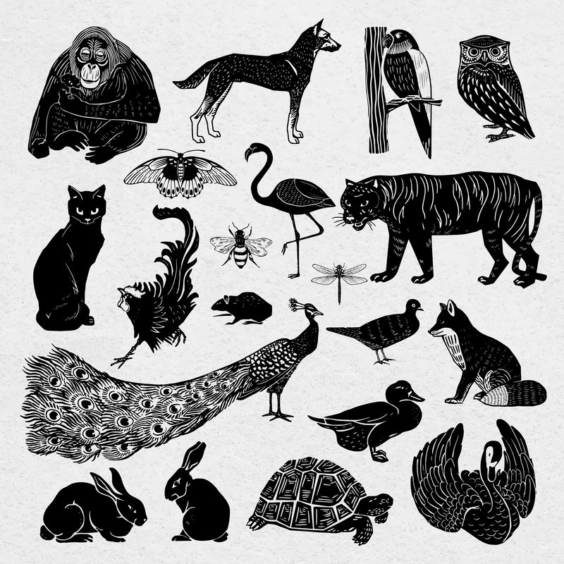 动物矢量黑色linocut模具图案图纸集