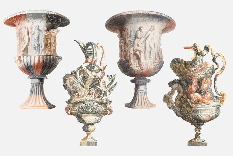 古代装饰花瓶矢量复古插画套装