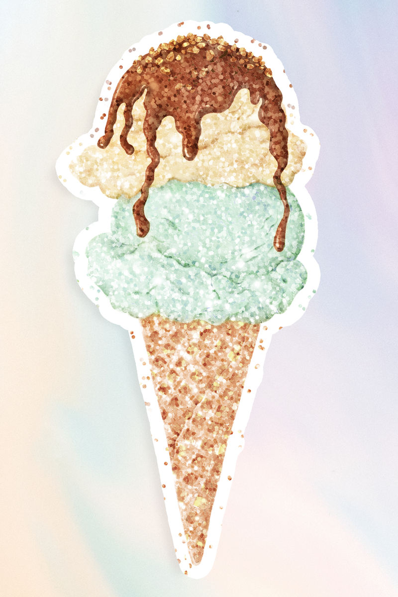 闪亮的冰淇淋舀在一个圆锥形贴纸覆盖在一个粉彩的背景