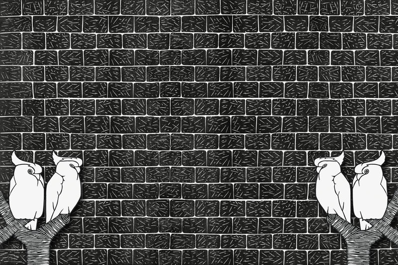 复古黑砖墙凤头鹦鹉背景由塞缪尔·杰瑟伦·德梅斯基塔的艺术作品混合而成