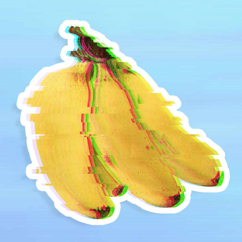 香蕉与故障效果贴纸覆盖与白色边框