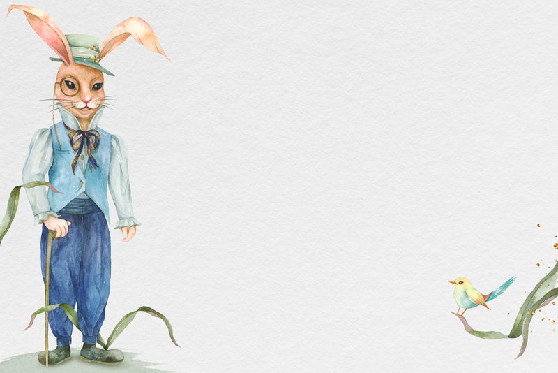 复活节兔子背景psd与小鸟水彩插图