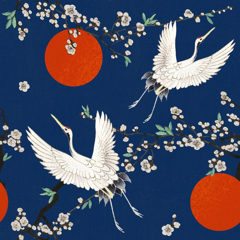 传统的日本鹤与梅花psd模式由渡边胜泰艺术作品的混音