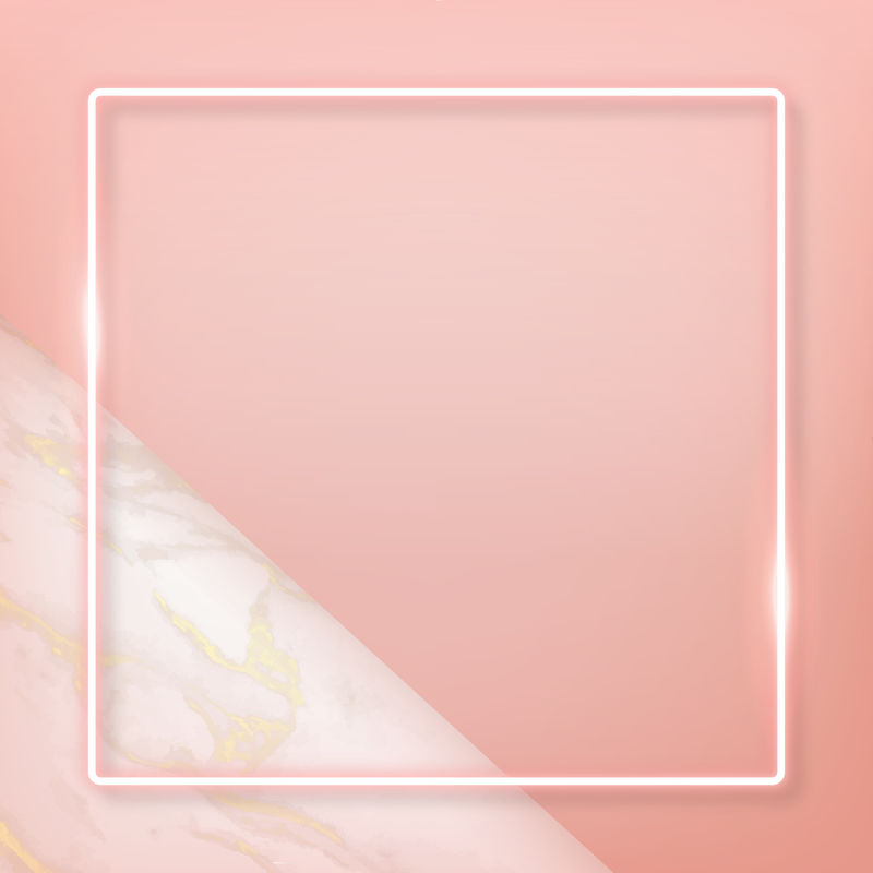 粉彩橙色大理石背景矢量上的方形粉色霓虹灯框架