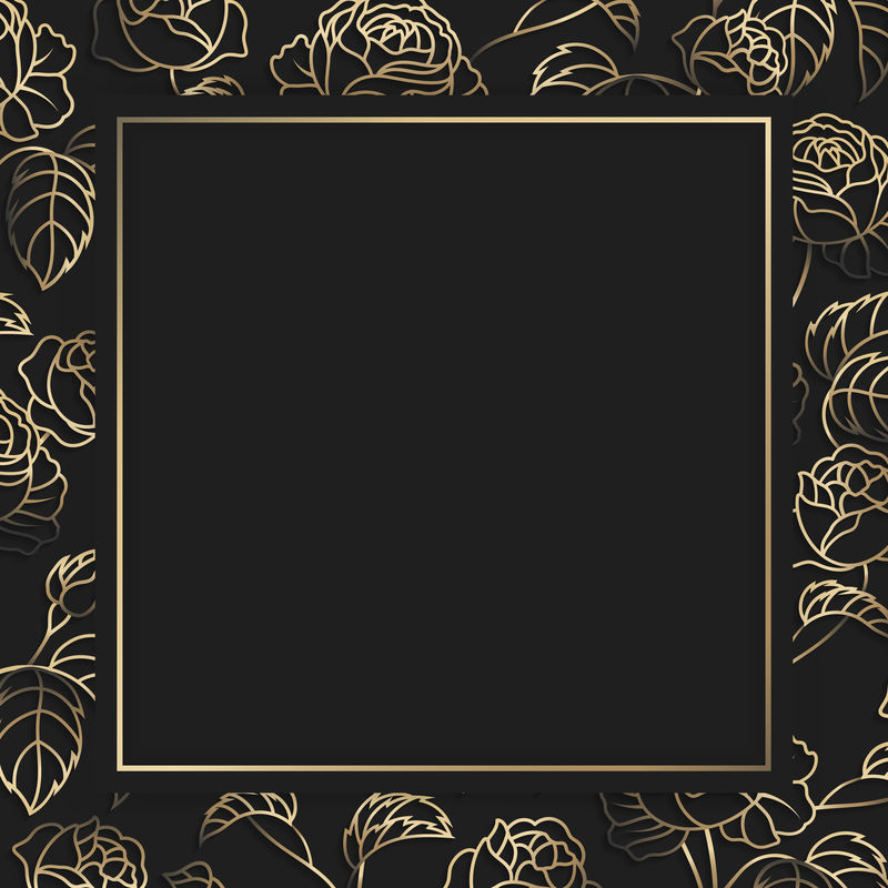花卉图案黑色背景向量上的方形金框