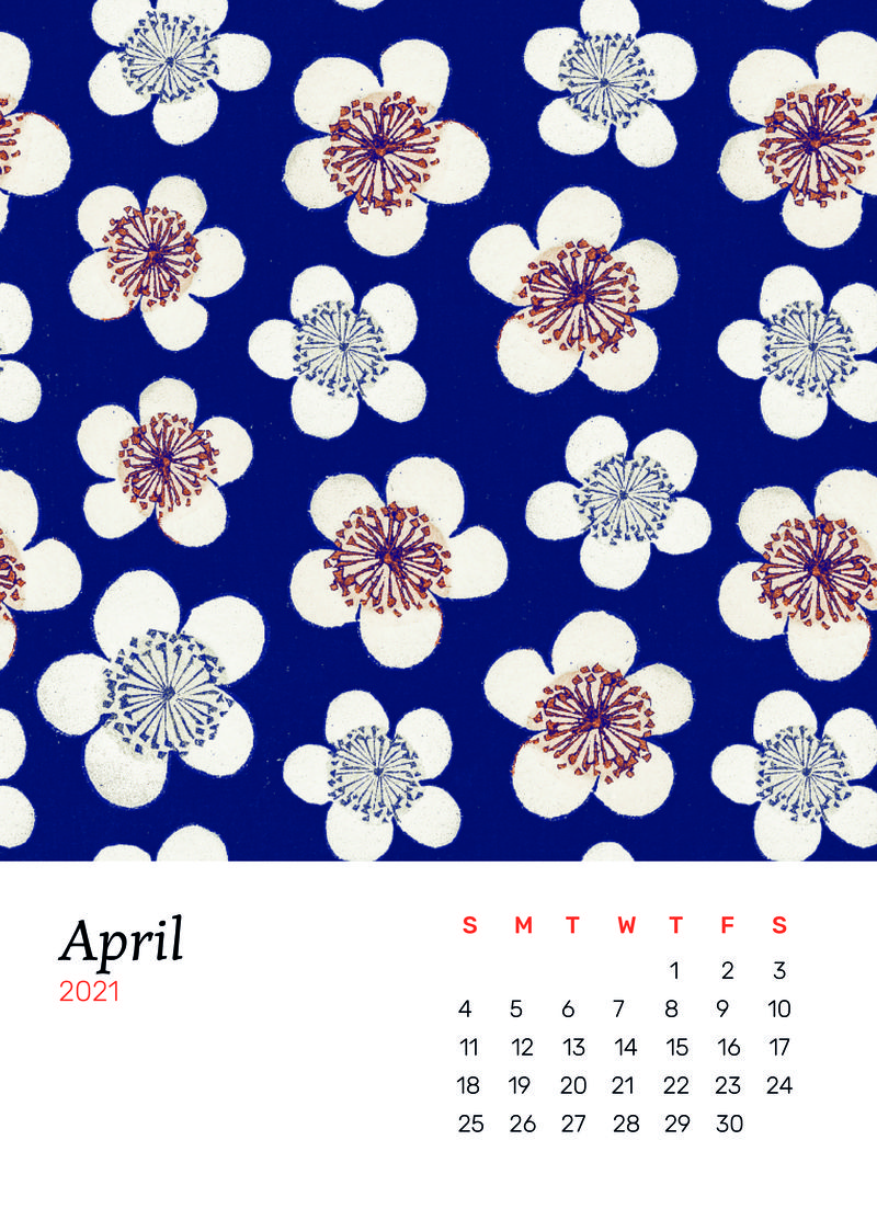 2021年4月日历可打印psd带日本梅花混合艺术作品渡边胜泰（Watanabe Seitei）