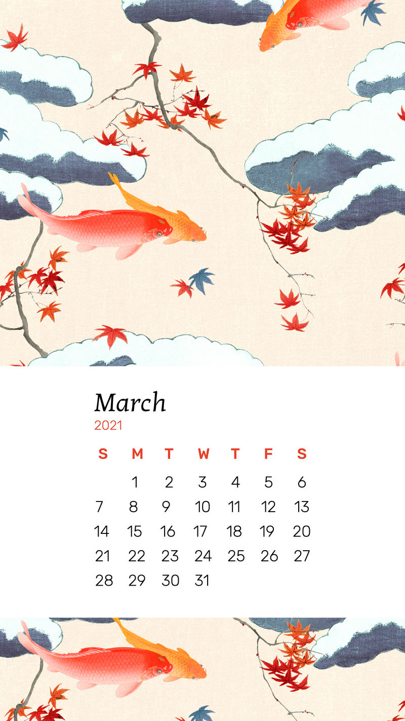 日历2021年3月可打印向量与日本复古设计和樱花艺术混合从原来的印刷品渡边胜泰