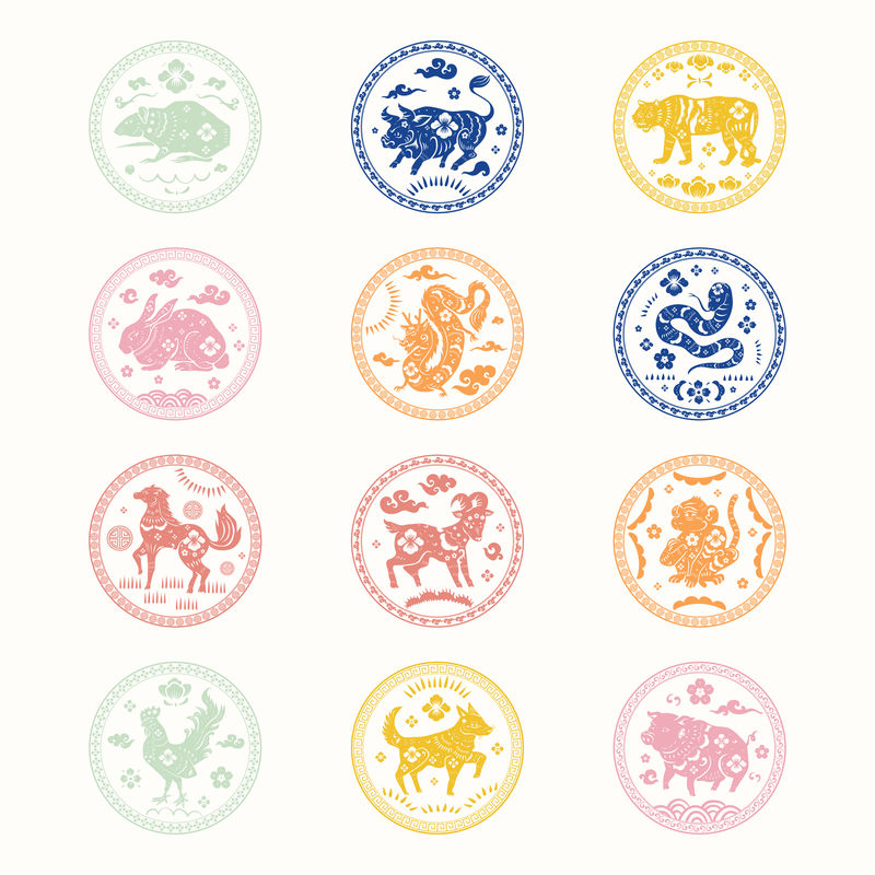 中国星座动物徽章矢量多彩新年设计元素集