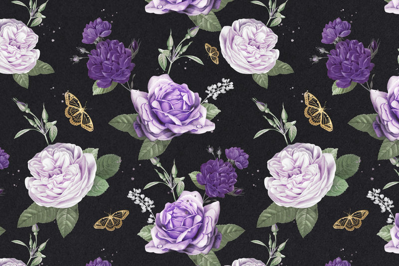 紫甘蓝玫瑰蝴蝶水彩图案