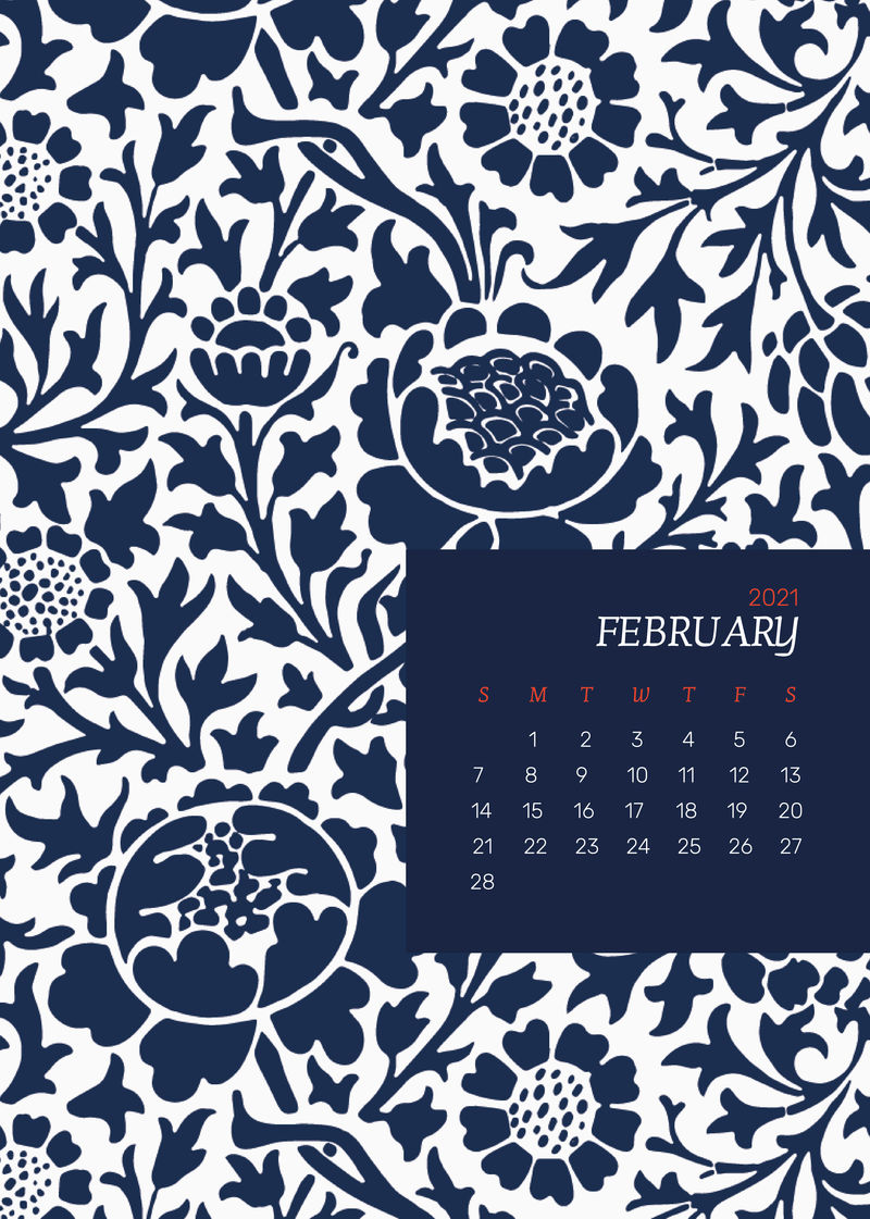 2021年2月可编辑日历模板矢量与威廉莫里斯花卉图案