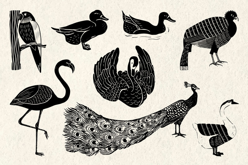 鸟矢量黑色linocut模具图案图纸集