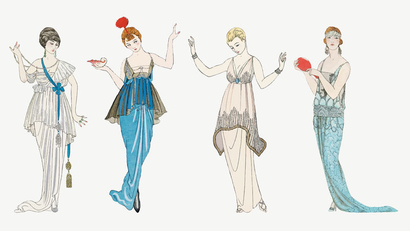 20世纪20年代女性；s fashion vector派对礼服套装由George Barbier的艺术作品混搭而成