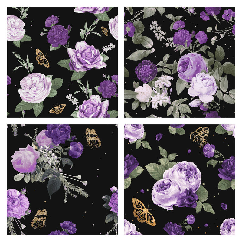花朵紫色牡丹矢量图案复古插画套装