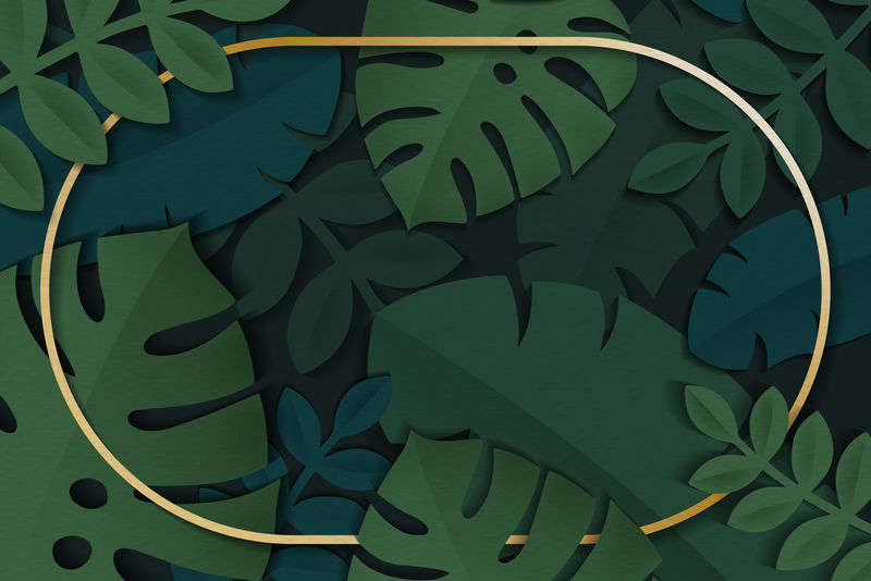 深绿色热带树叶图案背景向量上的椭圆形金色框架