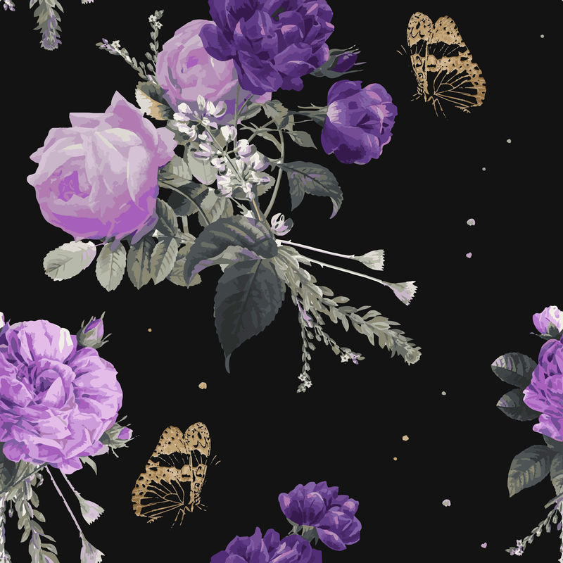 紫色花园玫瑰矢量花卉图案水彩复古