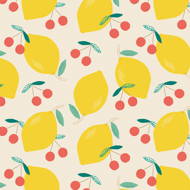 矢量无缝柠檬樱桃图案粉彩背景