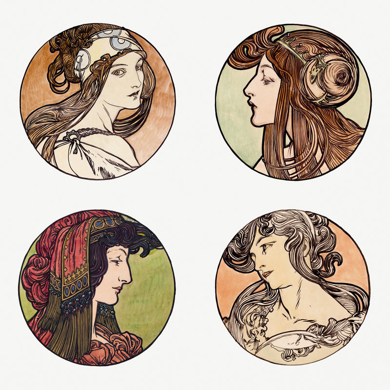 Art nouveau woman illustration psd setremixed from the artworks of卧底