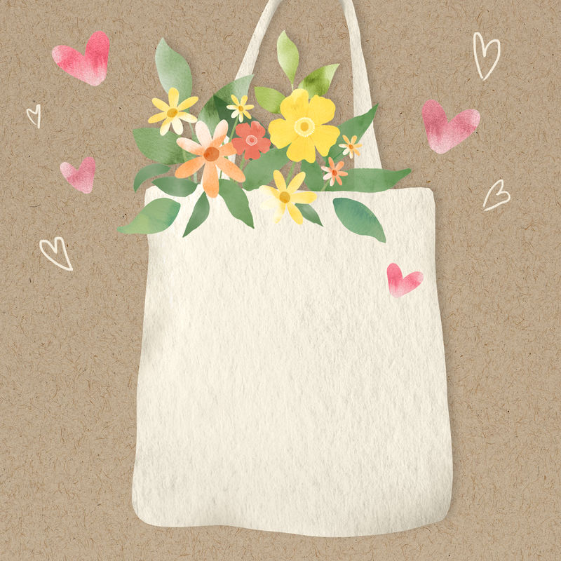 环保型背景psd手提袋插画带花朵