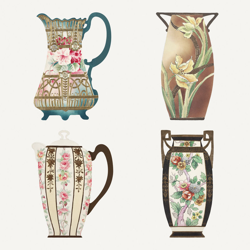 复古psd花卉图案水壶设计套装从北泽工厂重新混合中国瓷器设计