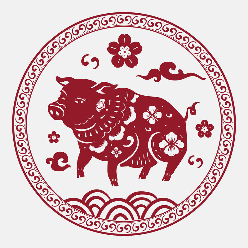 中国猪动物徽章psd红色新年设计元素