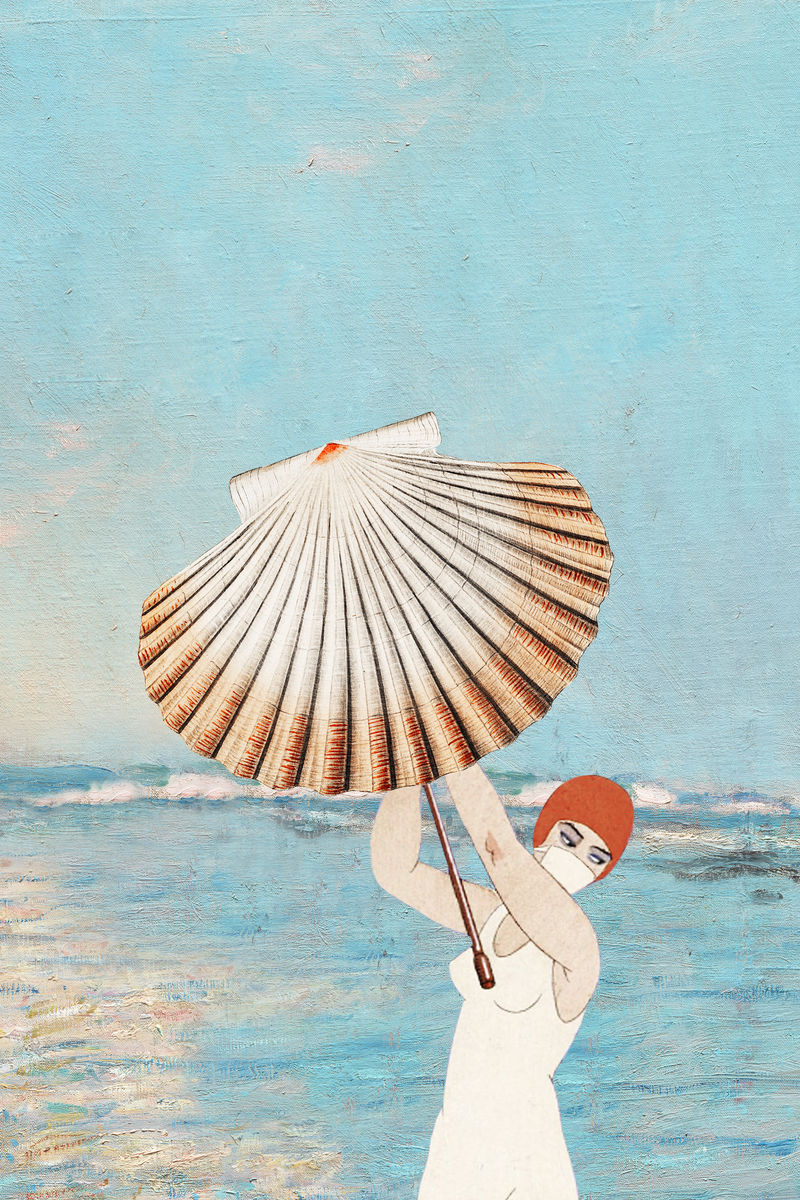 海洋背景psd与怀旧女子举行蛤蜊壳从公共领域的艺术品混合