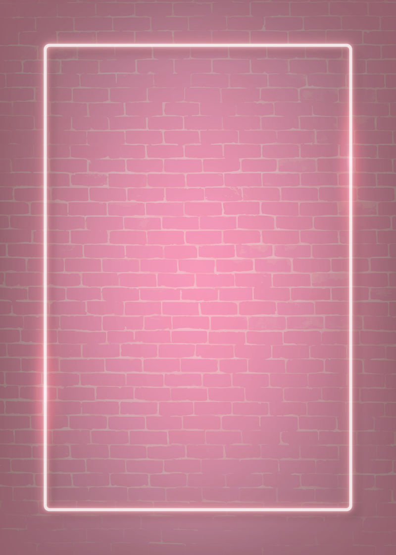 粉色砖墙矢量上的矩形粉色霓虹灯边框