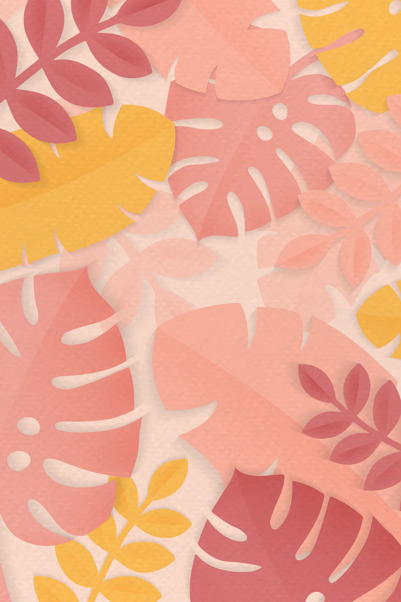 粉红色的热带叶子以柔和的背景为图案