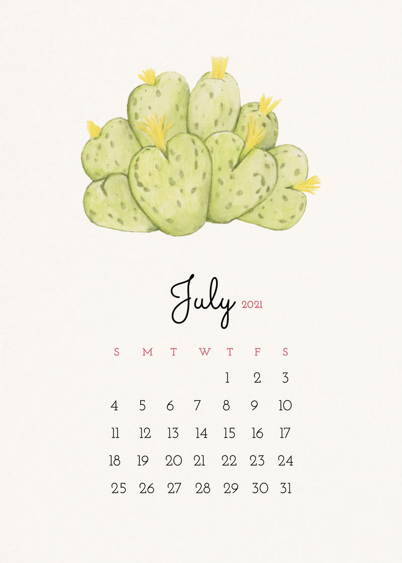 2021年7月可编辑日历模板矢量与水彩仙人掌插图