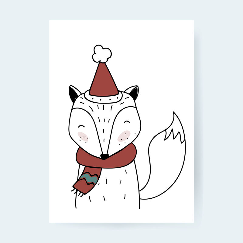 手绘狐狸戴着圣诞涂鸦风格的围巾和帽子