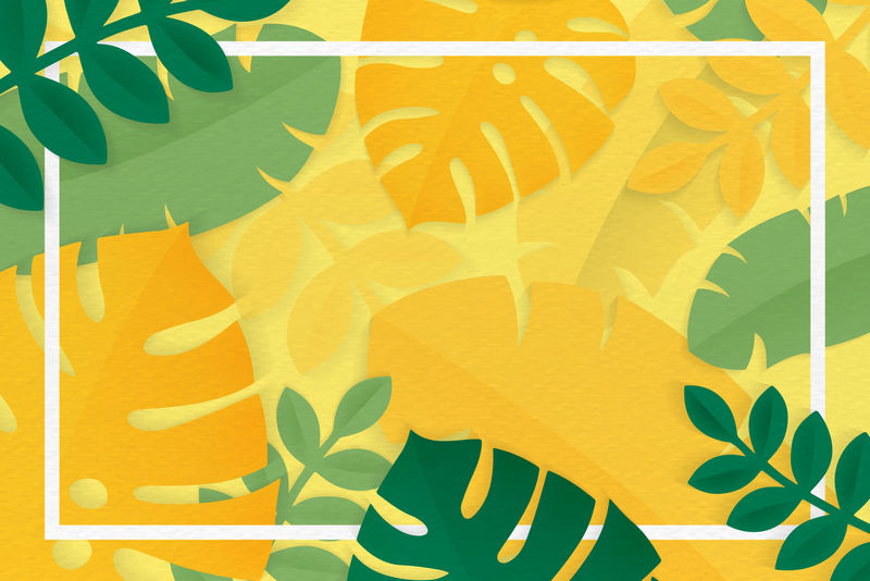 黄色热带树叶上的白色矩形框图案背景向量