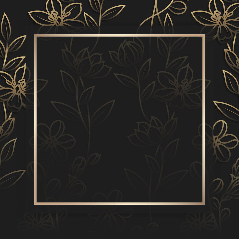 花卉图案黑色背景向量上的方形金框