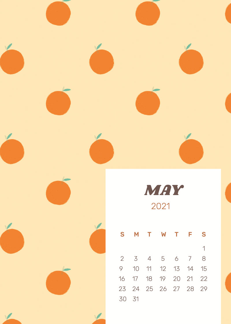 日历2021年5月可打印矢量模板与可爱的橙色背景