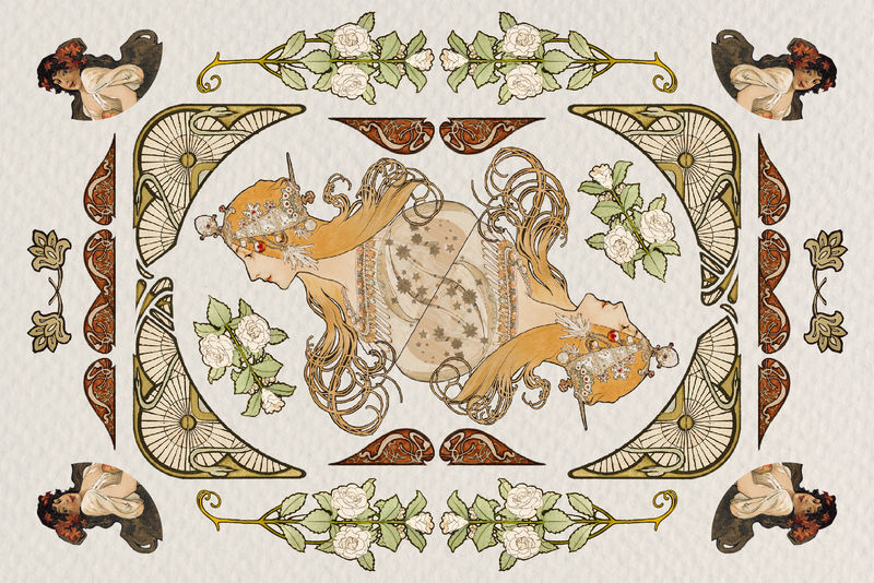 Art Nouveau Woman and Ornament Illustration Setremixed from the artworks of \u003ca href=\u0022https:\/www