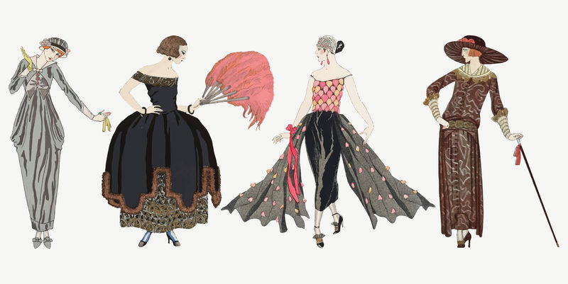 复古女性时尚矢量19世纪风格集由乔治·巴比尔的艺术作品混合而成