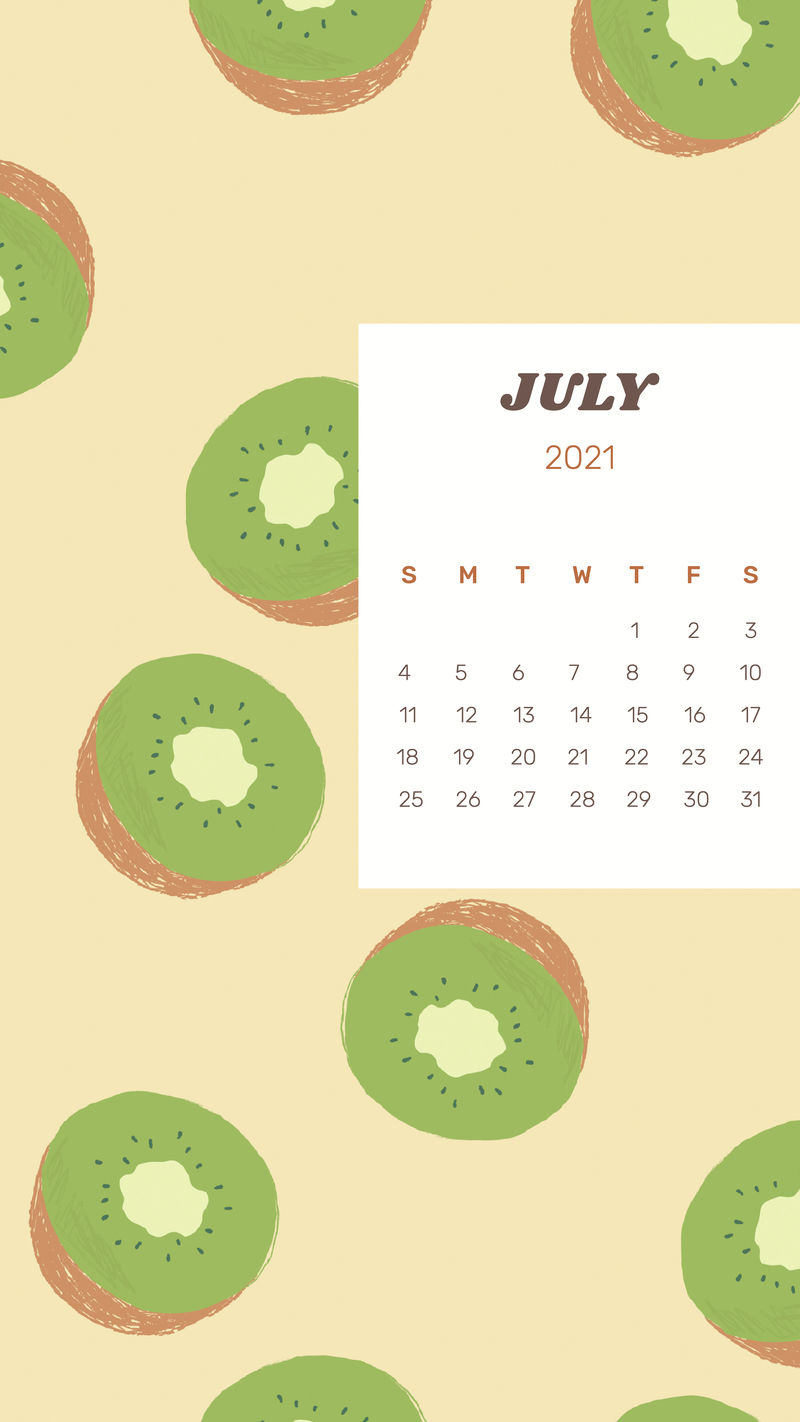 日历2021年7月可编辑模板矢量与可爱的猕猴桃背景