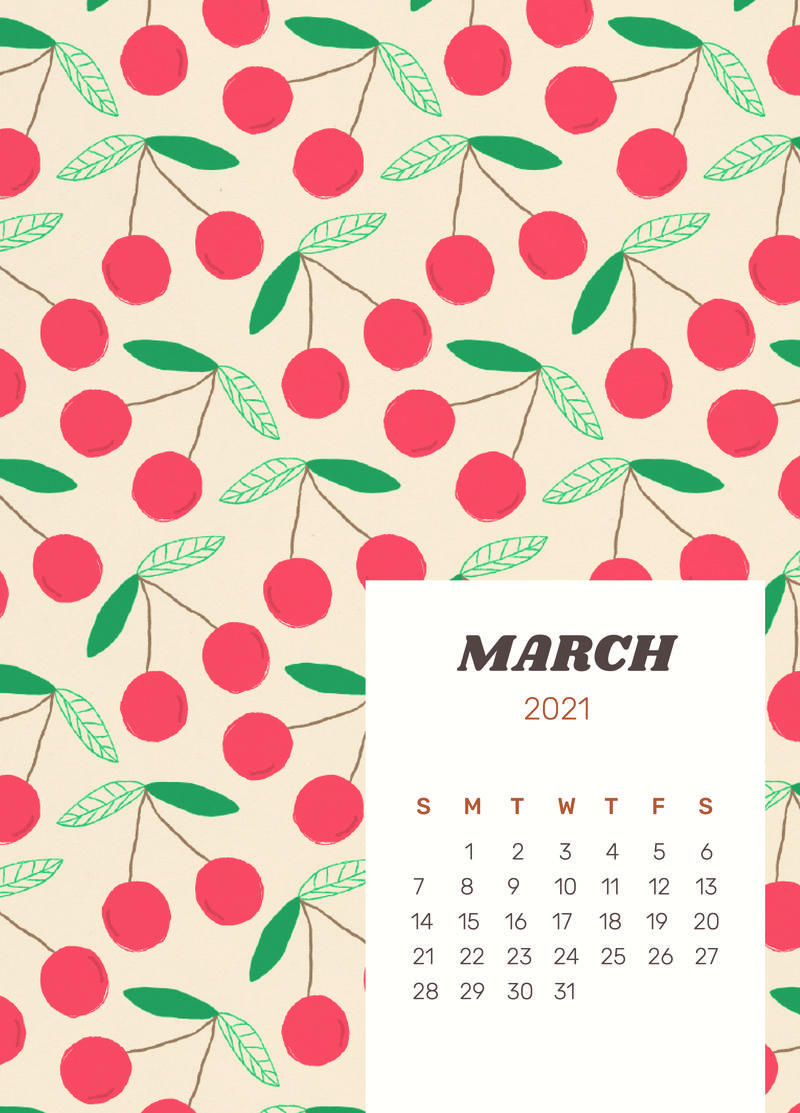 日历2021年3月可打印psd模板可爱的水果背景