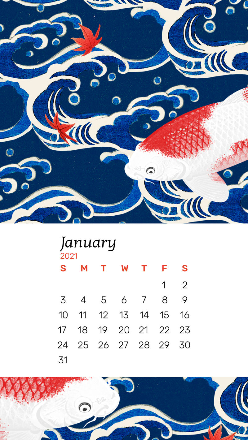 日历2021年1月带有日本波浪和锦鲤鱼艺术作品的可打印矢量由渡边胜泰原版印刷混合而成