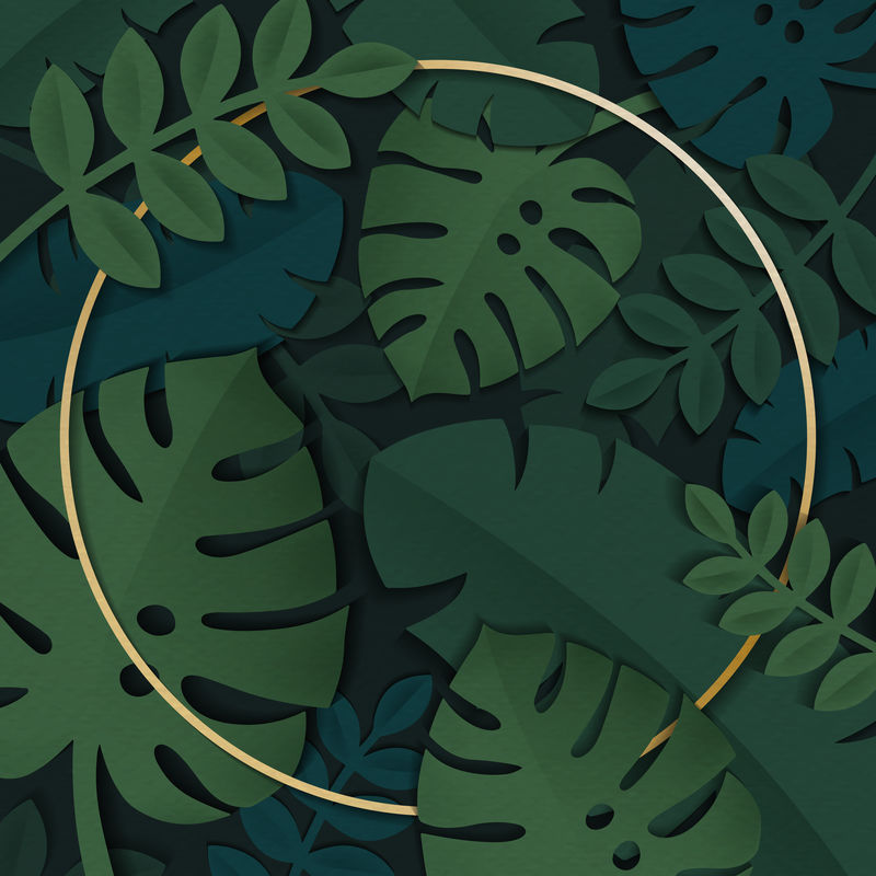 深绿色热带树叶图案背景向量上的圆形金框