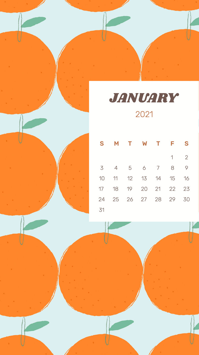 日历2021年1月带可爱橙色背景的可打印矢量模板