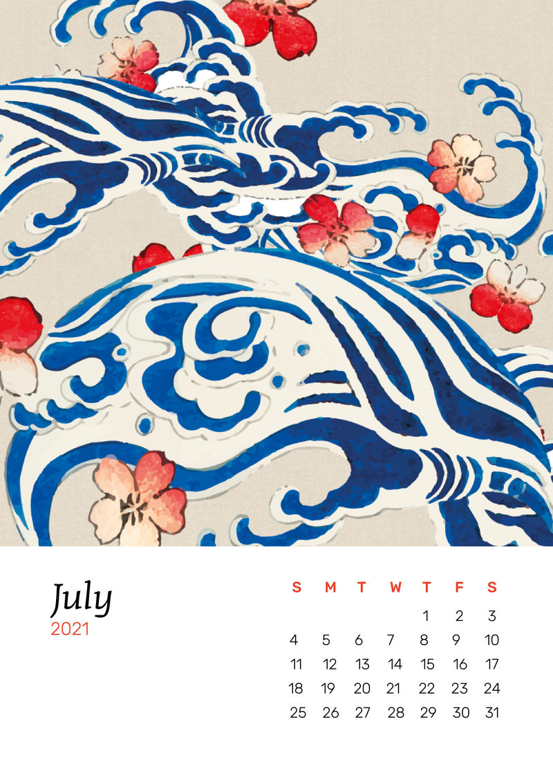 2021年7月Watanabe Seitei制作的带有日本波浪和樱花混音艺术作品的日历可打印矢量
