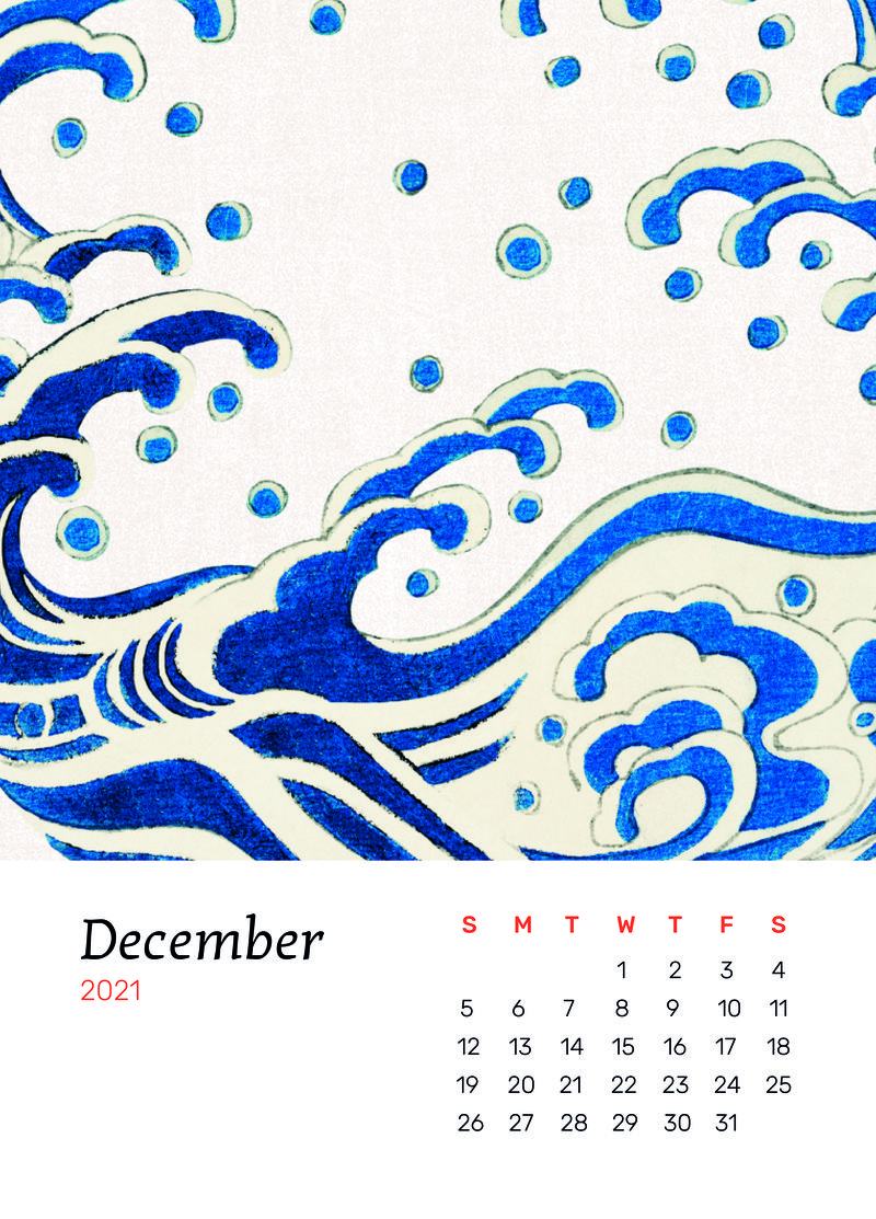 2021年12月Watanabe Seitei的日历可打印psd和日本波浪混音艺术作品