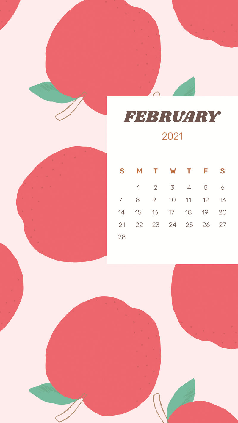 日历2021年2月带可爱苹果背景的可打印矢量模板