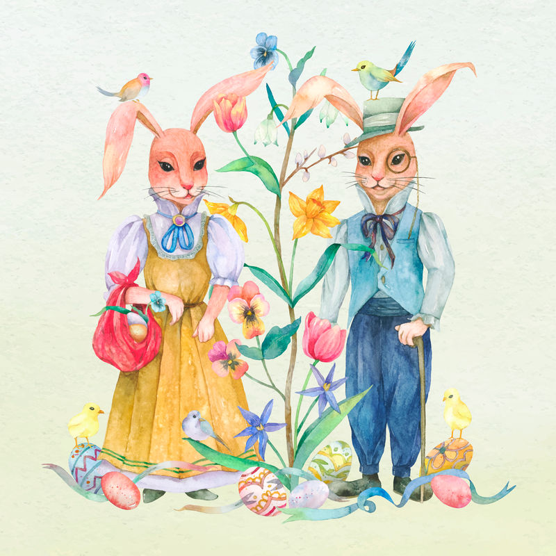 可爱的复活节兔子矢量花园设计元素集