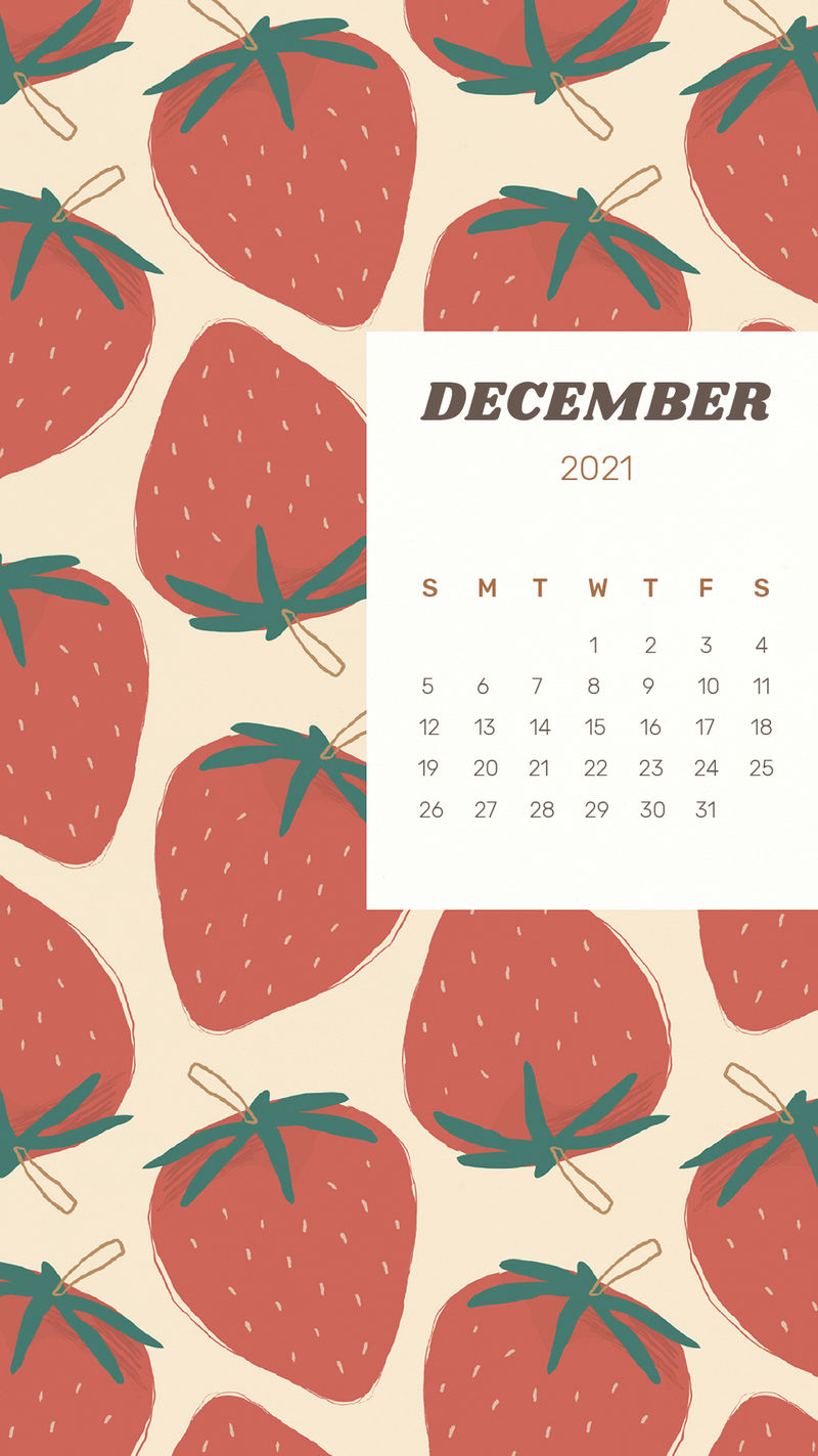 日历2021年12月带可爱草莓背景的可编辑模板psd