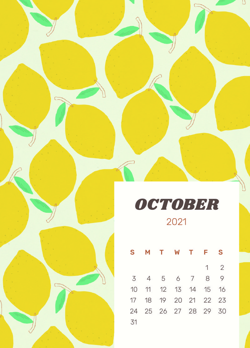 日历2021年10月带可爱柠檬背景的可编辑海报模板psd