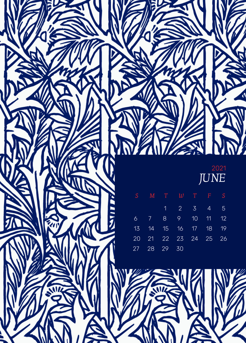 日历2021年6月带威廉·莫里斯花卉图案的可编辑模板psd