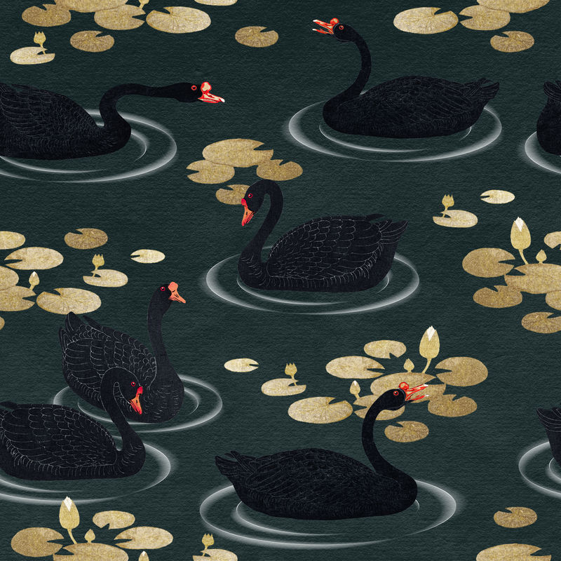 深绿色背景插图上的黑色鹅和金色莲花无缝图案