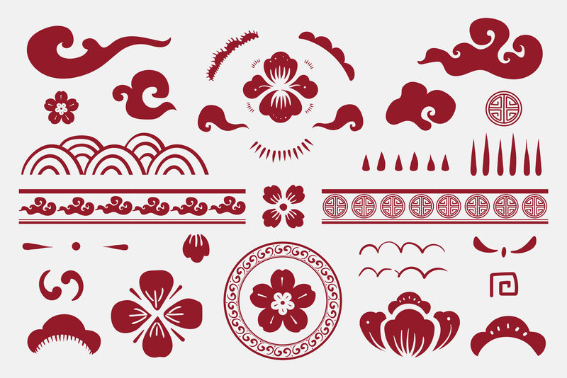 中国花卉红色贴纸系列