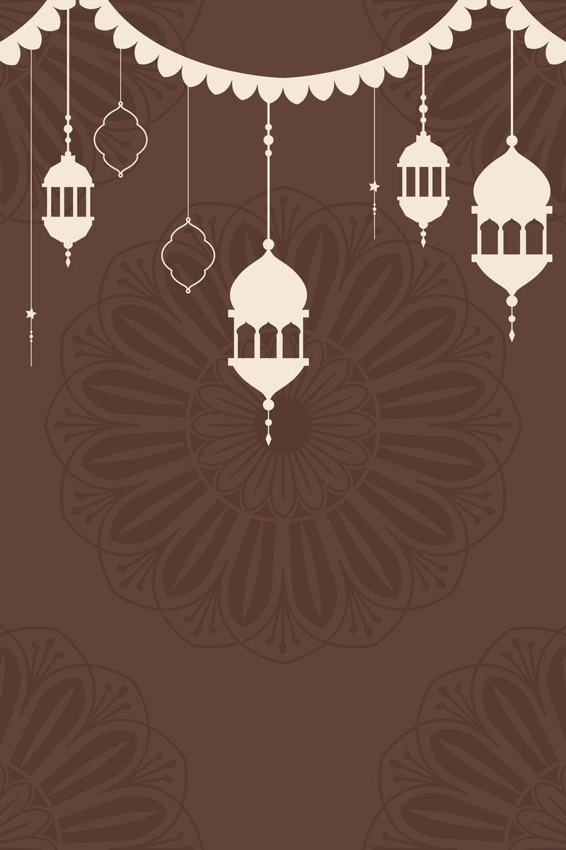 带灯笼灯和伊斯兰花卉的棕色斋月卡里姆背景向量