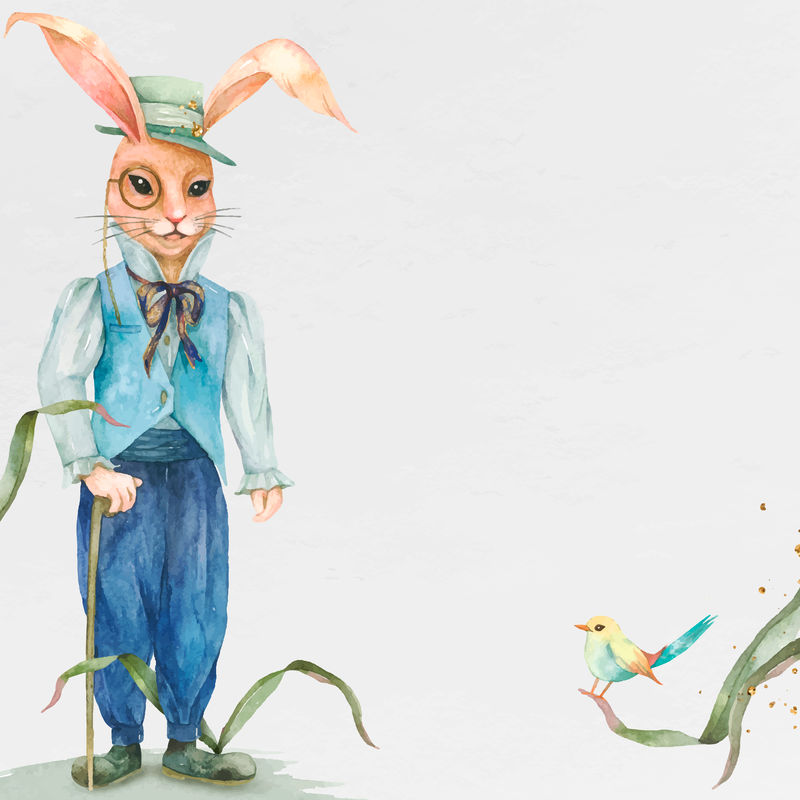 复活节兔子背景矢量与小鸟水彩插图